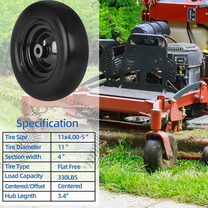 11x4.00-5” Flat Free Lawn Mower Tire and Wheel with 3/4" or 5/8" Bushings, 3.4"-4"-4.5"-5" Centered Hub, Smooth Tread Tire for Zero Turn Mowers, 2 Pack