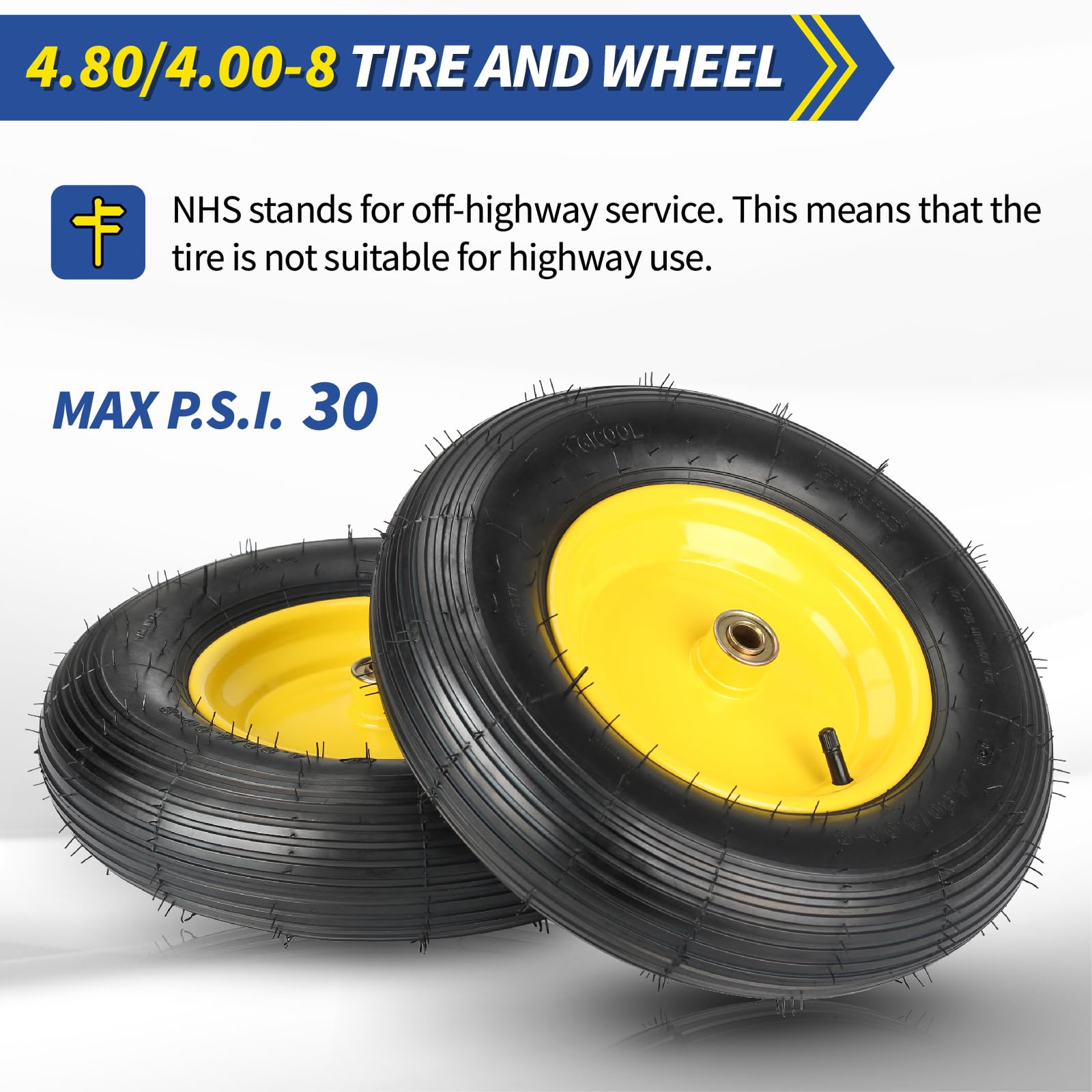 Upgrade 4.80/4.00-8 Wheelbarrow Tire and Wheel, 16"" Rubber Pneumatic Wheel, 3"" -6"" Centered Hub, 5/8"" &amp; 3/4"" Bearings, for Hand Truck, Trolley, Garden Cart, Wagons, 10 （2 Pack)
