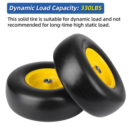 13x5.00-6 Flat Free Lawn Mower Tire and Wheel, Smooth Tread Tire for Lawnmower, Installed 3/4" Bearing with Extra 5/8" Bearing, 3.25"-5.9" Centered Hub, 2 Packs