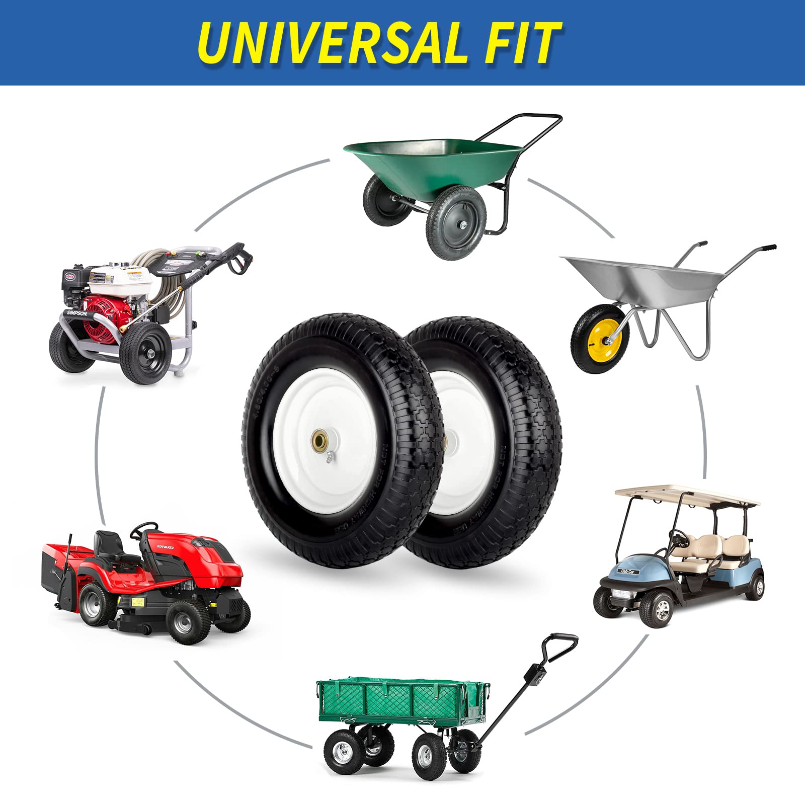 4.80/4.00-8" Wheelbarrow Tire, 16" Flat-Free Solid Tire and Wheel, 3" Centered Hub, 5/8" Axle Bore Hole,for Garden Wagon Cart Trolley Dolly Replacement(2 Pack)