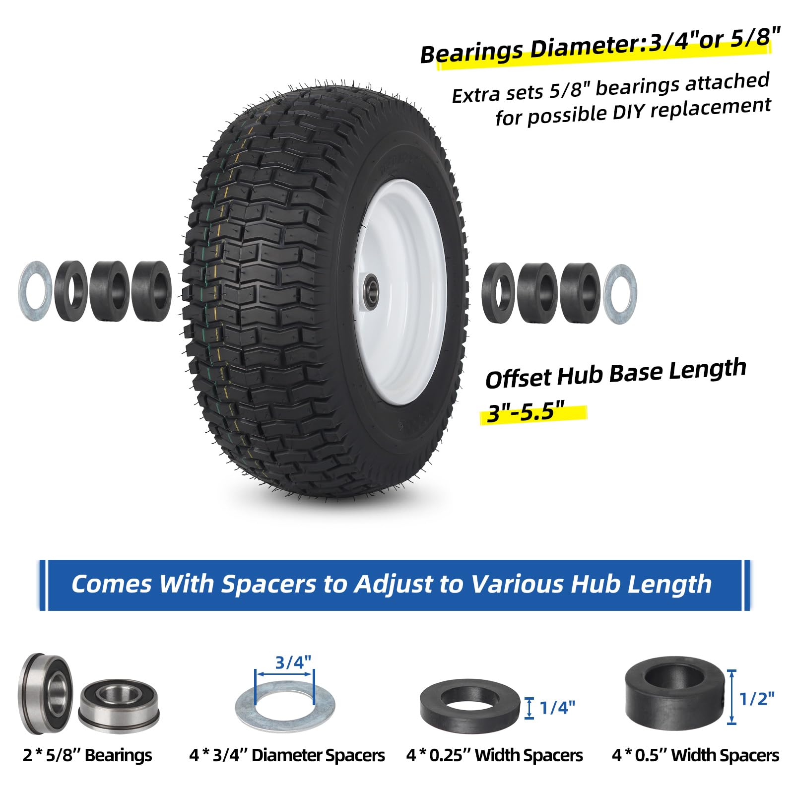 16x6.50-8 Tubeless Tire and Wheel, 16x6.5-8" Lawn Mower Tires, 3"-4.5" Offset Hub, 3/4" or 5/8" Bearing, Universal Fit Riding Mower and Garden Tractor Front Wheels, 4 Ply, Turf Pattern, 2 Pack