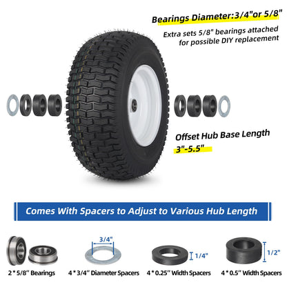 16x6.50-8 Tubeless Tire and Wheel, 16x6.5-8" Lawn Mower Tires, 3"-4.5" Offset Hub, 3/4" or 5/8" Bearing, Universal Fit Riding Mower and Garden Tractor Front Wheels, 4 Ply, Turf Pattern, 2 Pack
