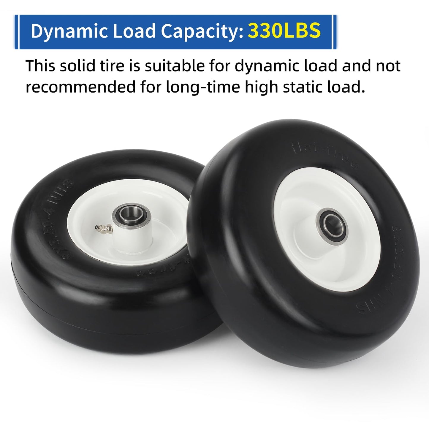 9x3.50-4 Flat Free Lawn Mower Tire and Wheel, Smooth Tread Tire for Zero Turn Mowers, 3/4" Bearing, Extra 5/8" Bearing, 3.5"-4"-4.5"-5" Centered Hub