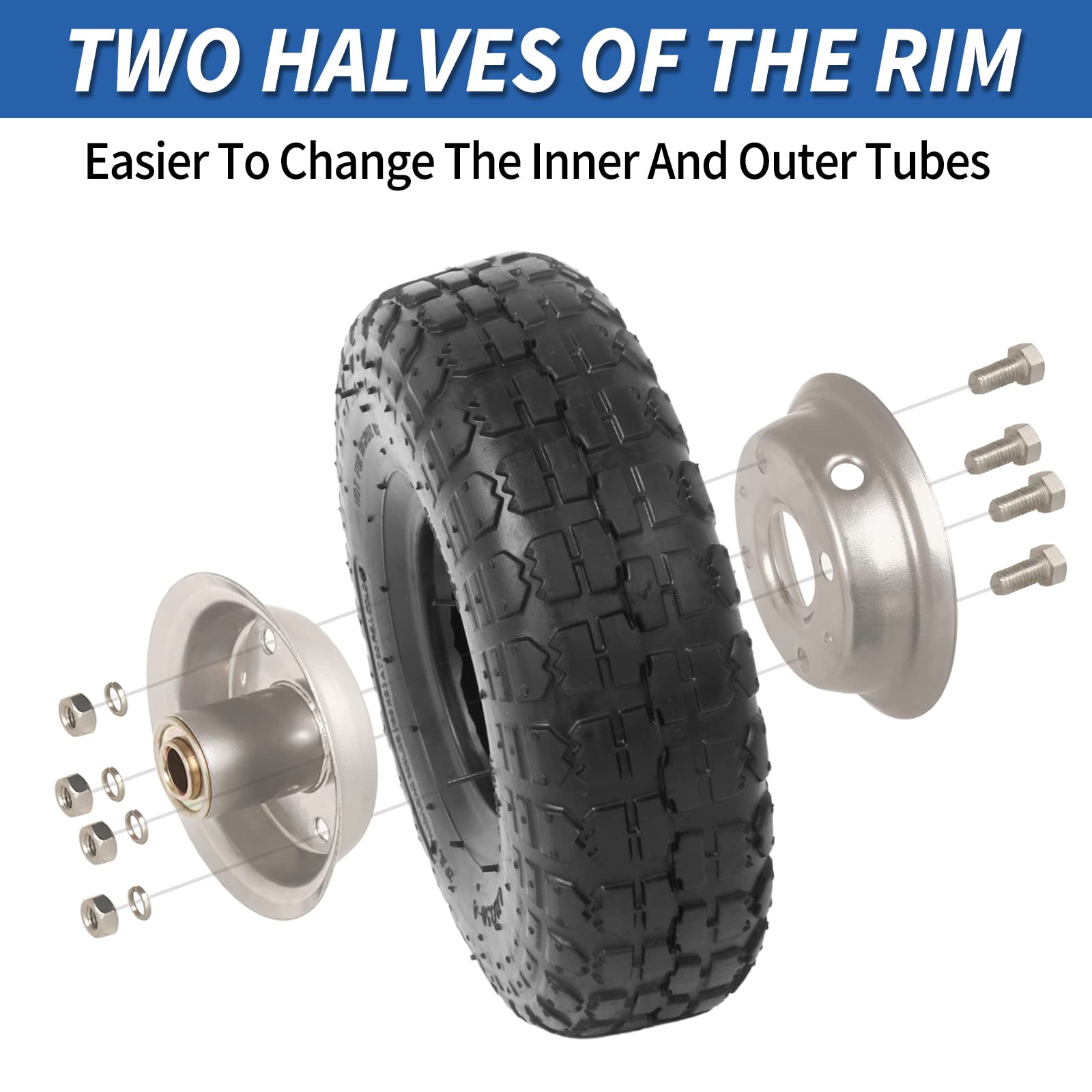 4.10/3.50-4" Tire and Wheel, 10" Pneumatic Tire, with 2.25" Offset Hub, 5/8" Axle Bore Hole, Sealed Bearings, for Hand Truck Trolley Dolly Garden Wagon Cart Wheel Replacement(2 Pack)
